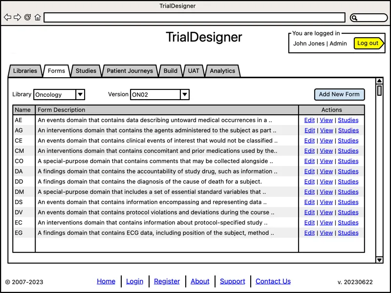 TrialTwin - Trial Designer - Manage Forms